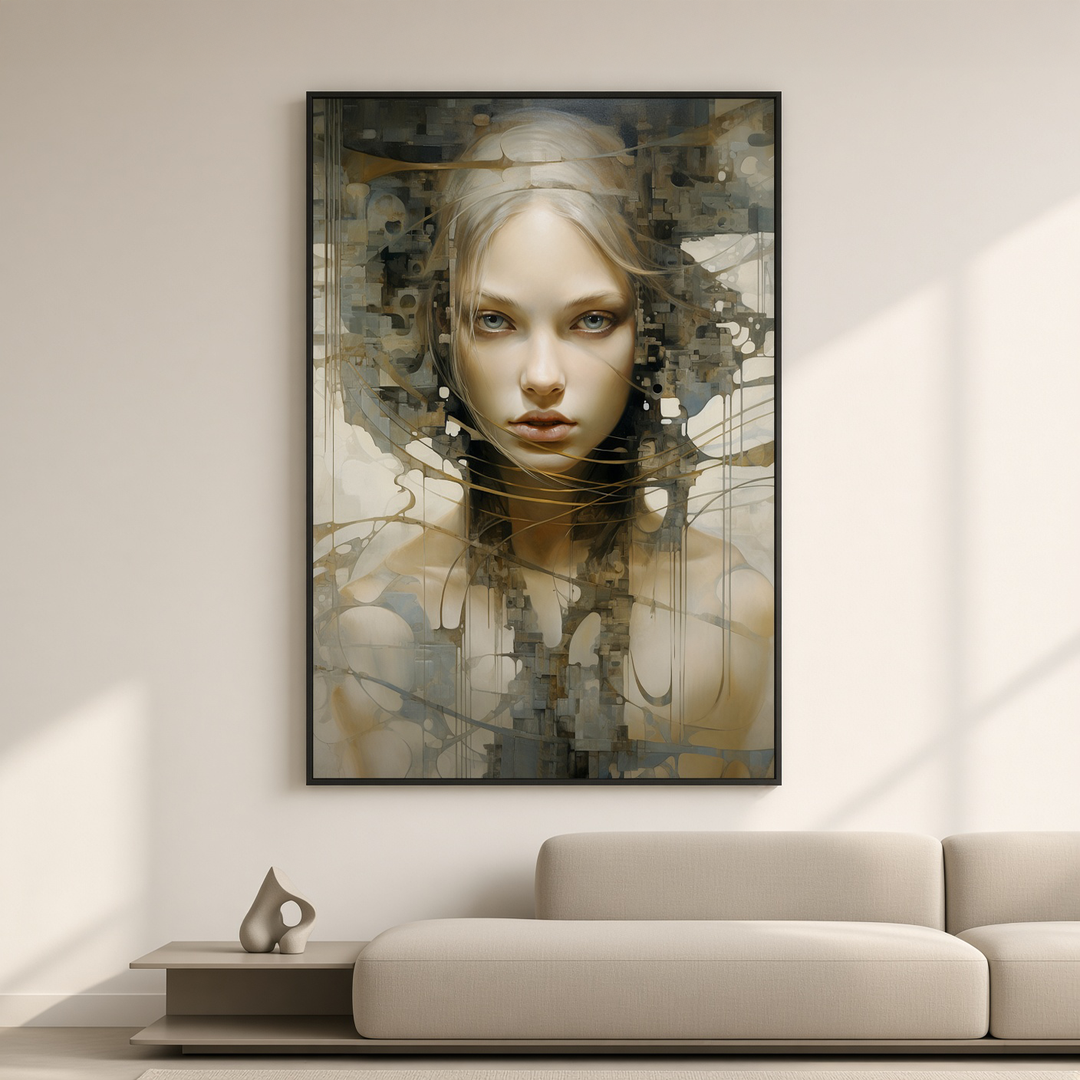 Sudden Insight fine art print displayed above a sofa in a refined neutral interior