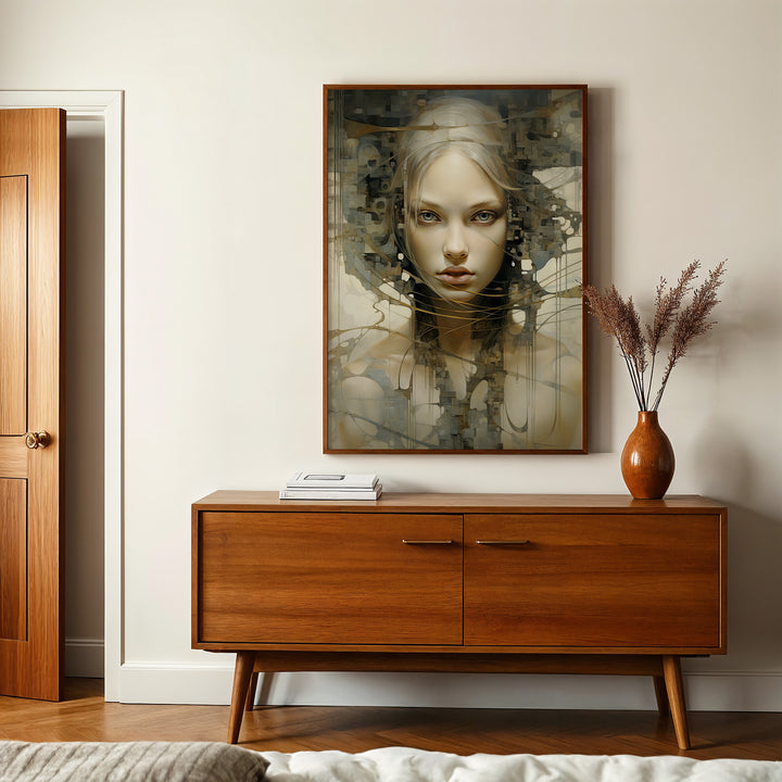 Luxury abstract portrait 'Sudden Insight' by Papanee Studio – giclée fine art print displayed in a mid-century modern living space, high-end wall decor.