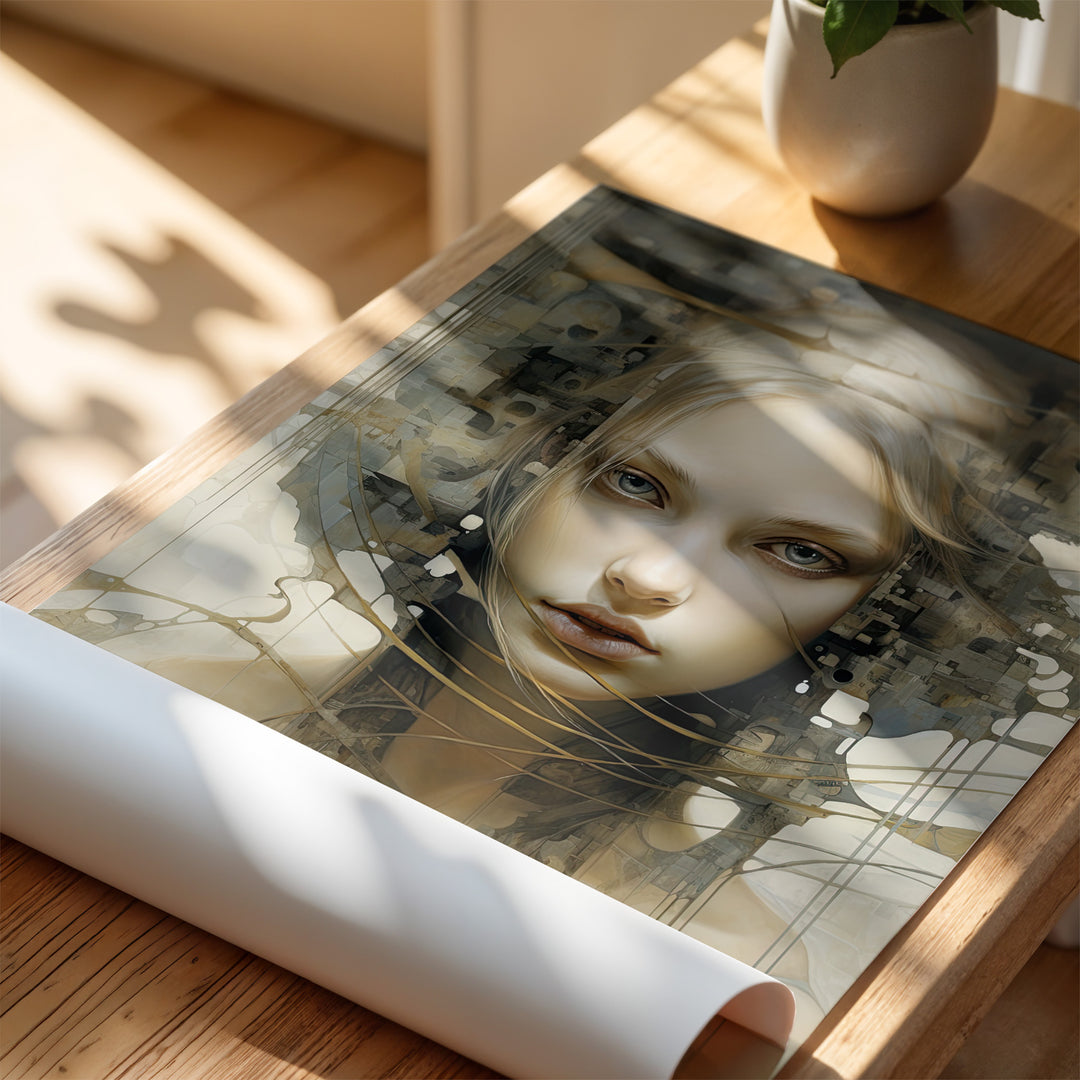 Rolled 'Sudden Insight' giclée fine art print by Papanee Studio – abstract female portrait with intricate linework and neutral palette, luxury wall art.