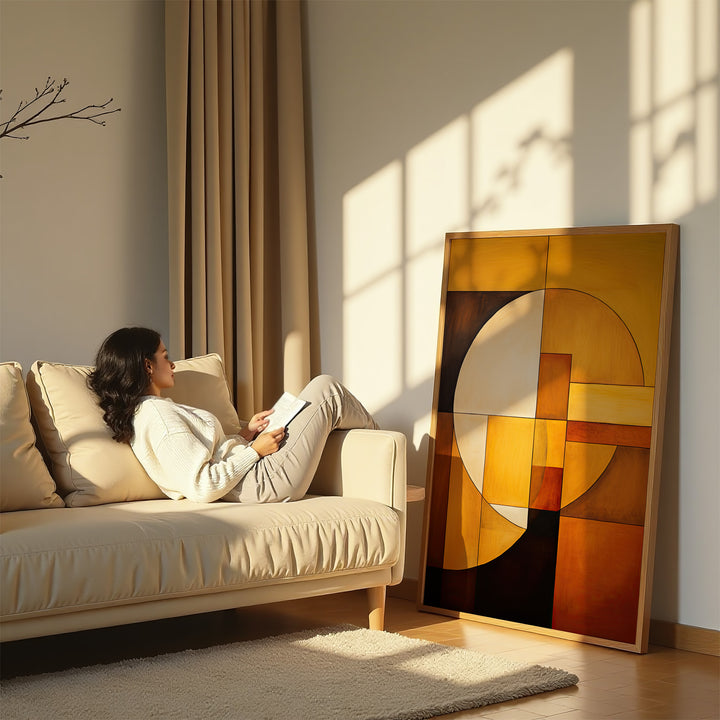 A large framed 'Sun & Moon' artwork leaning against a neutral-toned living space, bathed in warm natural light. The geometric abstraction creates a bold yet harmonious aesthetic, ideal for modern art collectors.