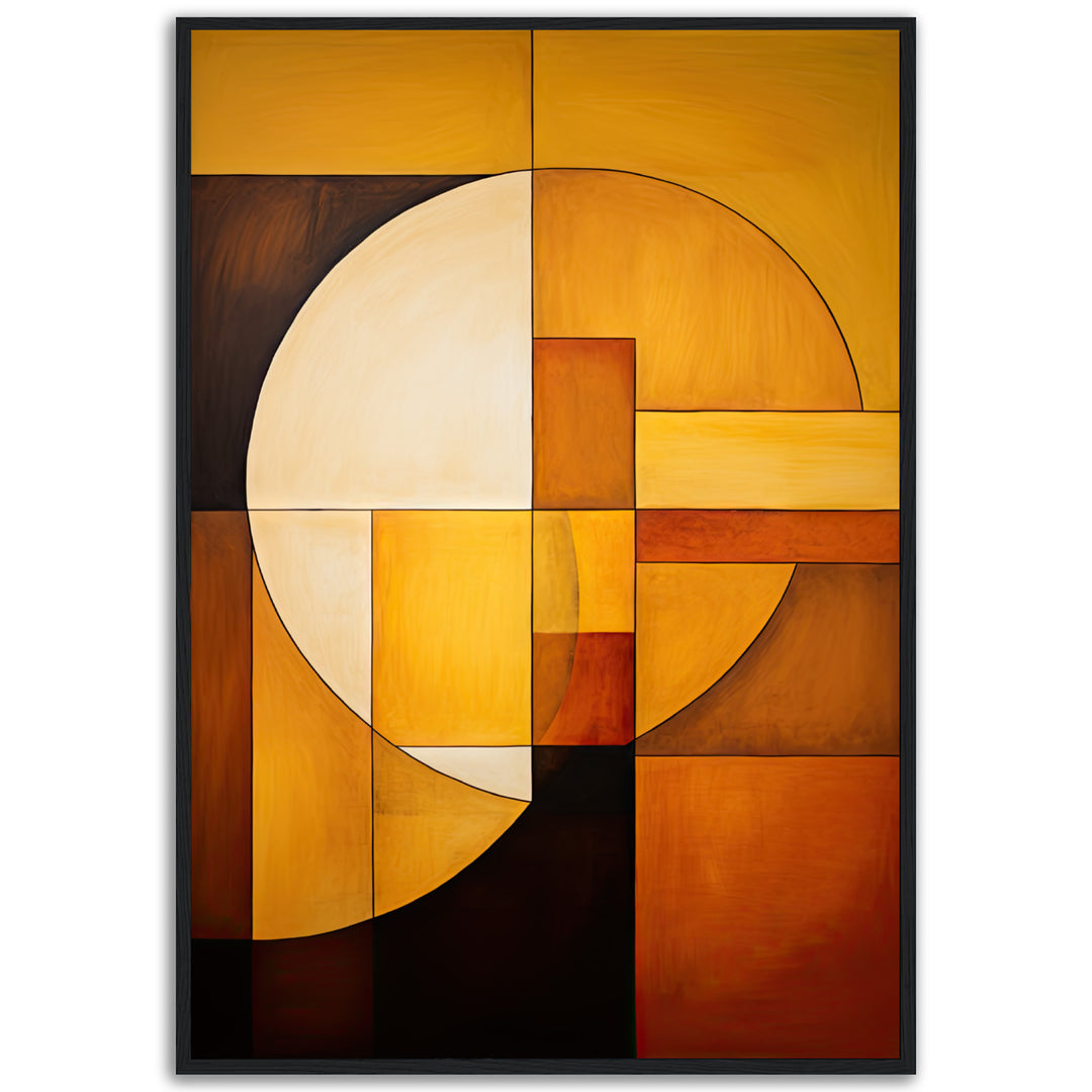 A sophisticated geometric abstract fine art giclée print in warm golden hues, featuring a harmonious interplay of circles and rectangles. Inspired by the balance of sun and moon, this striking composition is perfect for high-end contemporary interiors.