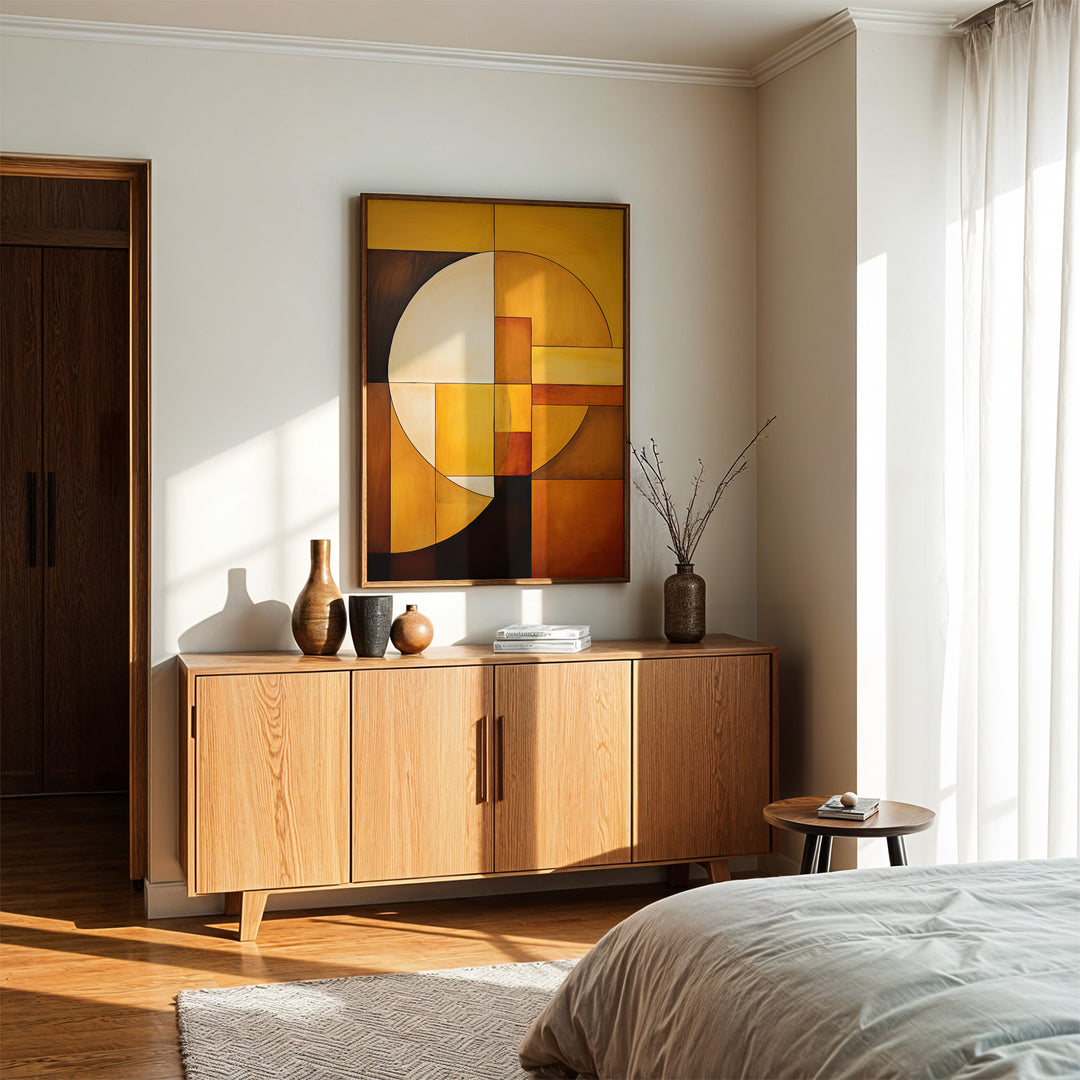 The 'Sun & Moon' abstract giclée print elegantly framed and displayed in a minimalistic bedroom. The warm color palette and geometric design complement mid-century modern and Scandinavian decor.