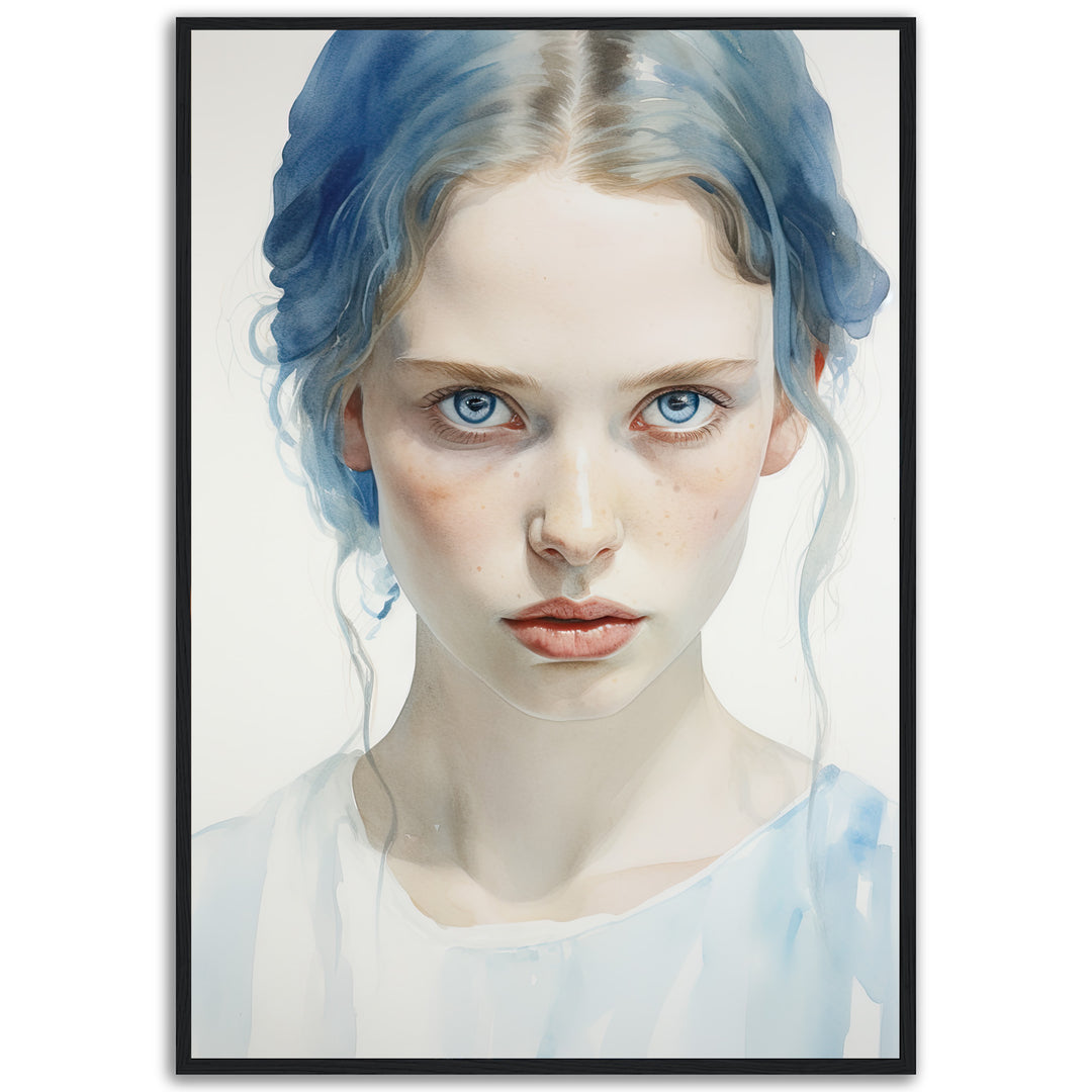 A striking fine art giclée print of a young woman with piercing blue eyes and delicate watercolor textures in cool tones. Her ethereal expression exudes elegance and sophistication, perfect for luxury interiors.