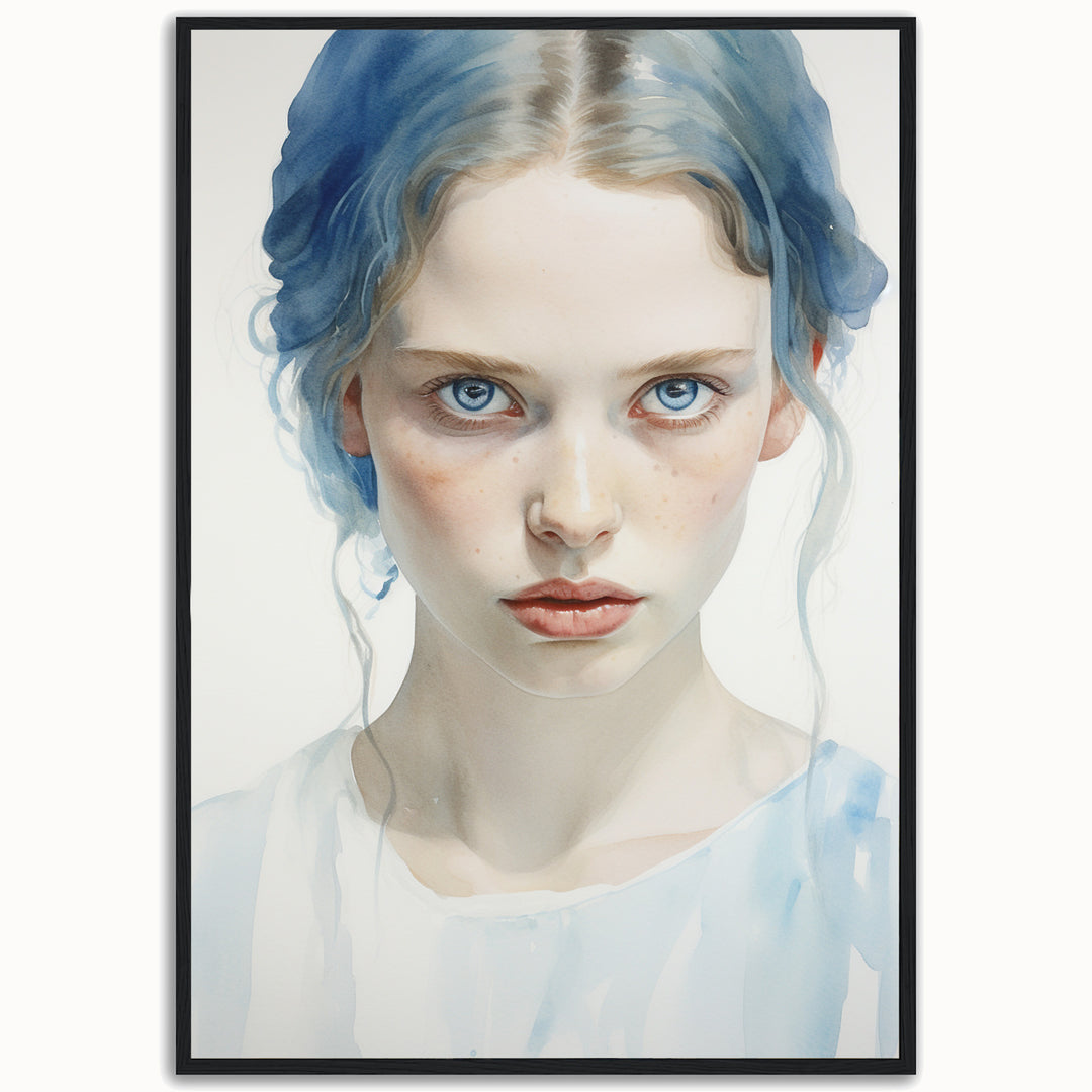 Wintersoul Decora watercolor portrait fine art print featuring a blue-eyed woman in soft icy blue tones.
