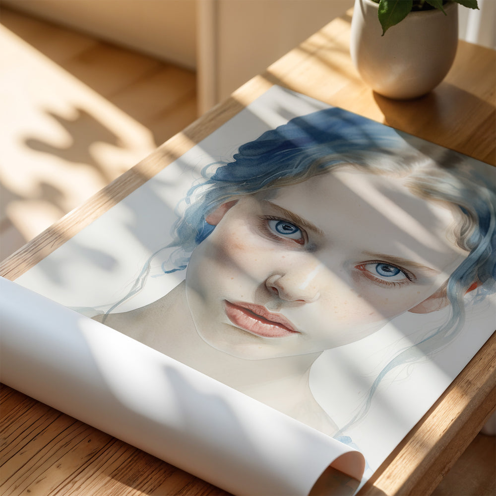 A rolled fine art print of 'Wintersoul Decora' displayed on a wooden surface, bathed in soft natural light. The high-quality giclée print showcases delicate blue hues and intricate portrait details, ideal for art collectors.