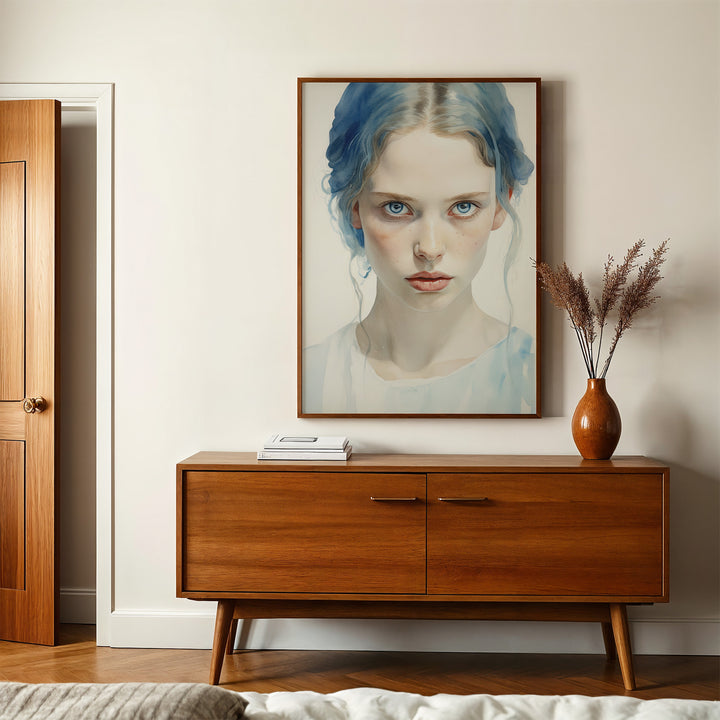 The 'Wintersoul Decora' fine art giclée print displayed in a stylish mid-century modern living space. The framed portrait’s cool blue tones contrast with warm wooden furniture, adding a touch of sophistication to the decor.
