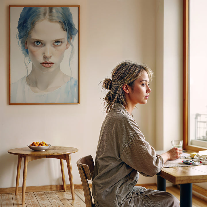 A framed 'Wintersoul Decora' artwork displayed in a modern minimalist dining area. The portrait’s cool tones contrast beautifully with warm wooden elements, creating a refined and serene atmosphere.